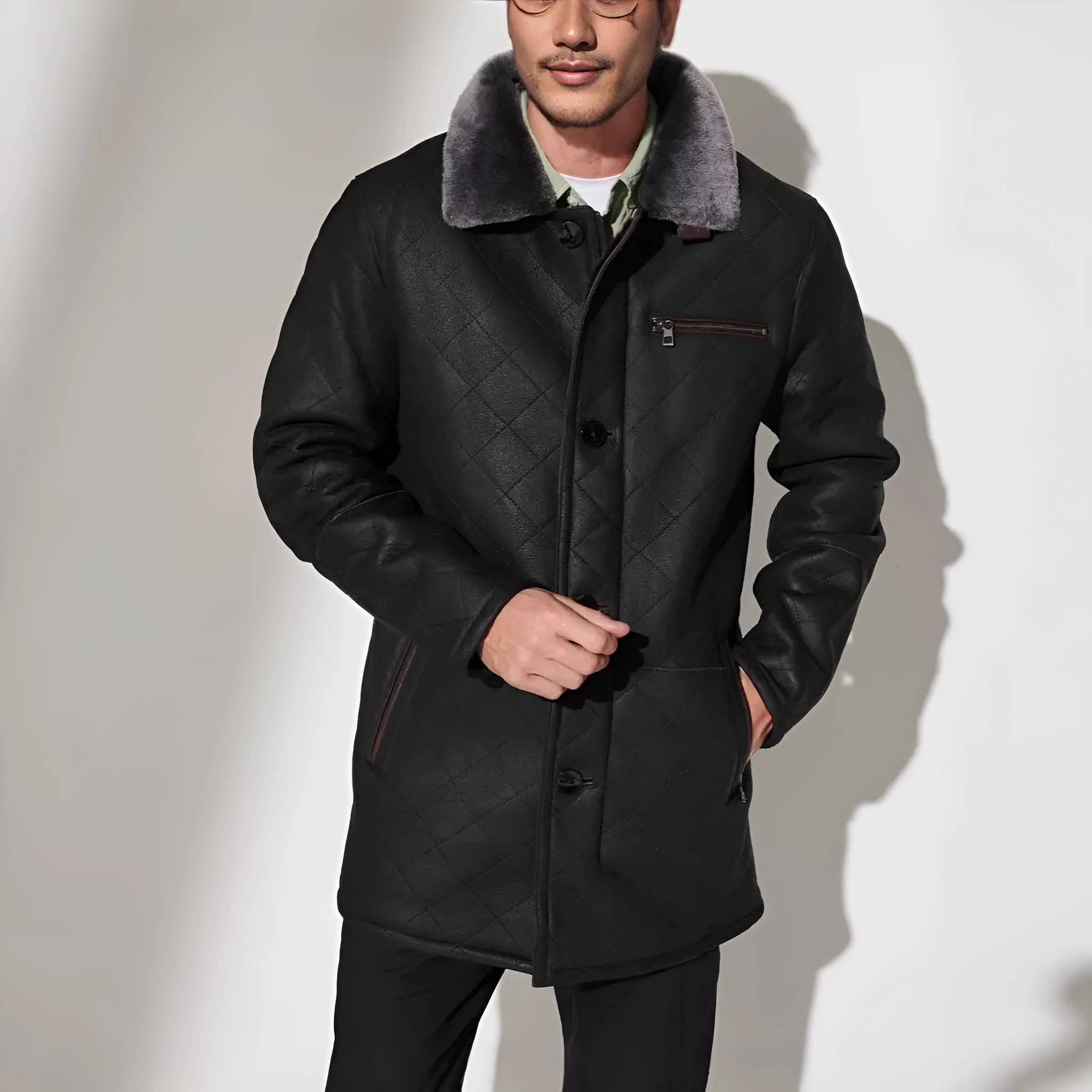 Quilted fur coat long button front women brown black blue polyester lining British style