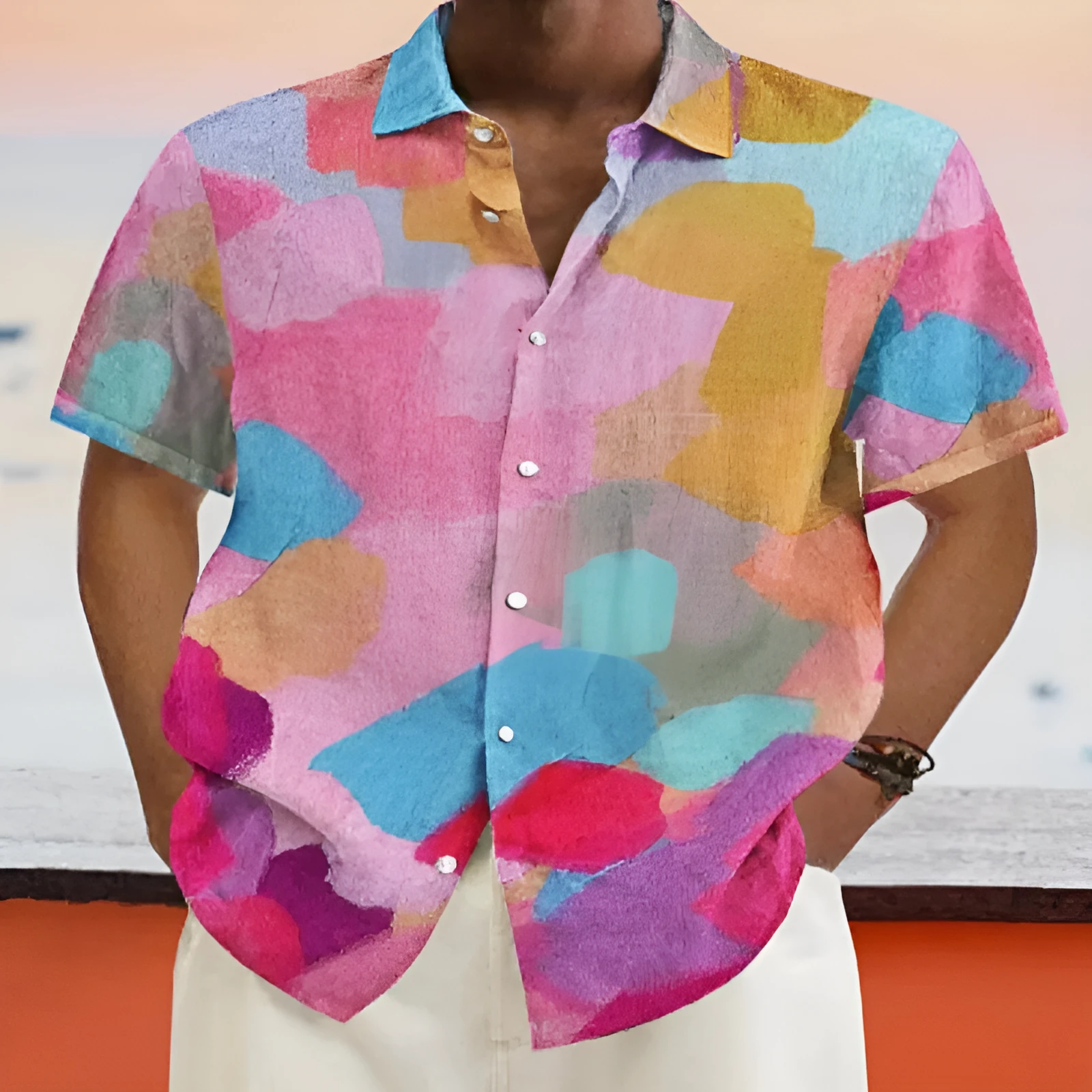 Hawaiian style loose cardigan with stand collar, short sleeves, and a 3D printed pattern.