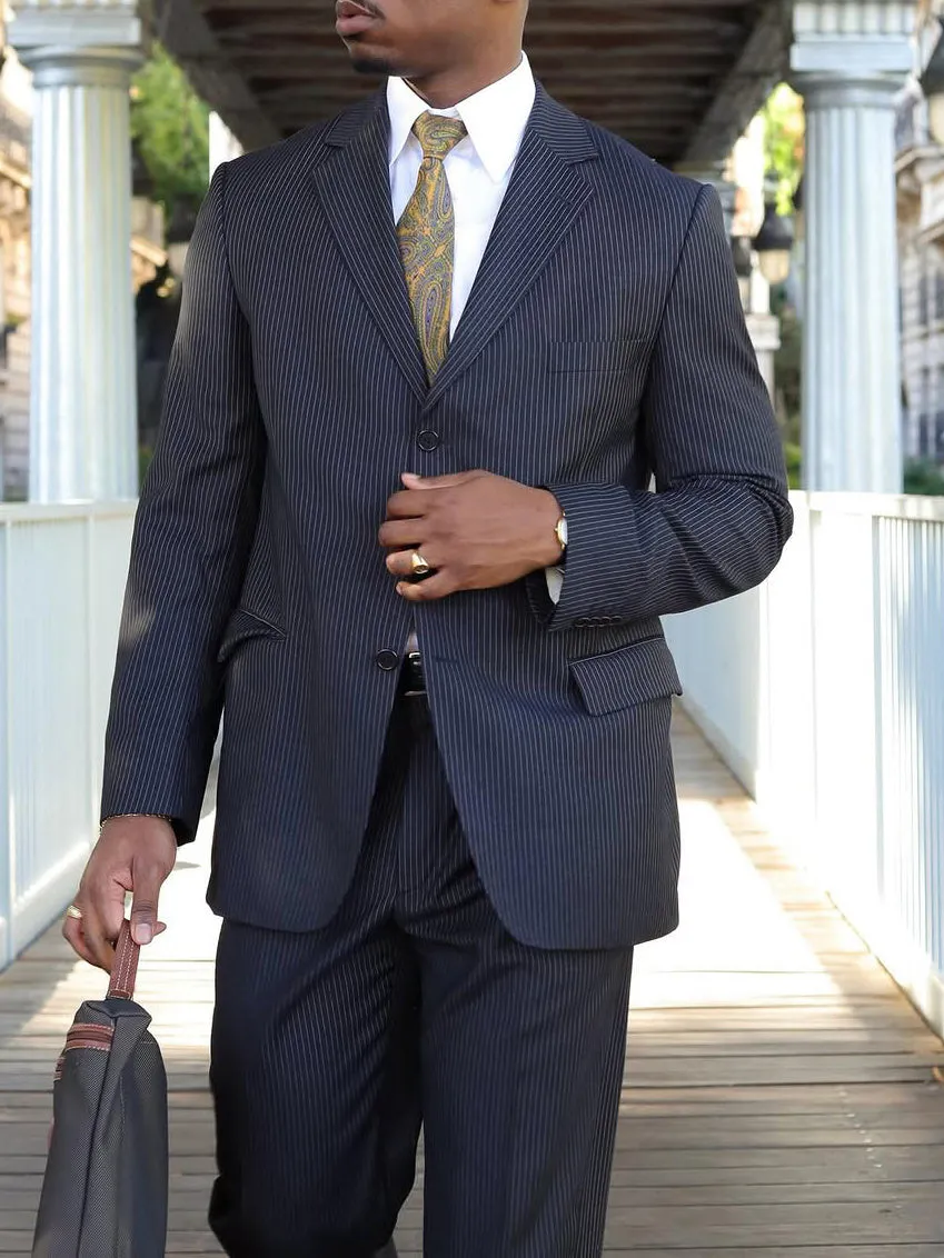 Men's classic striped suit set with high-waist trousers and regular-fit blazer in polyester