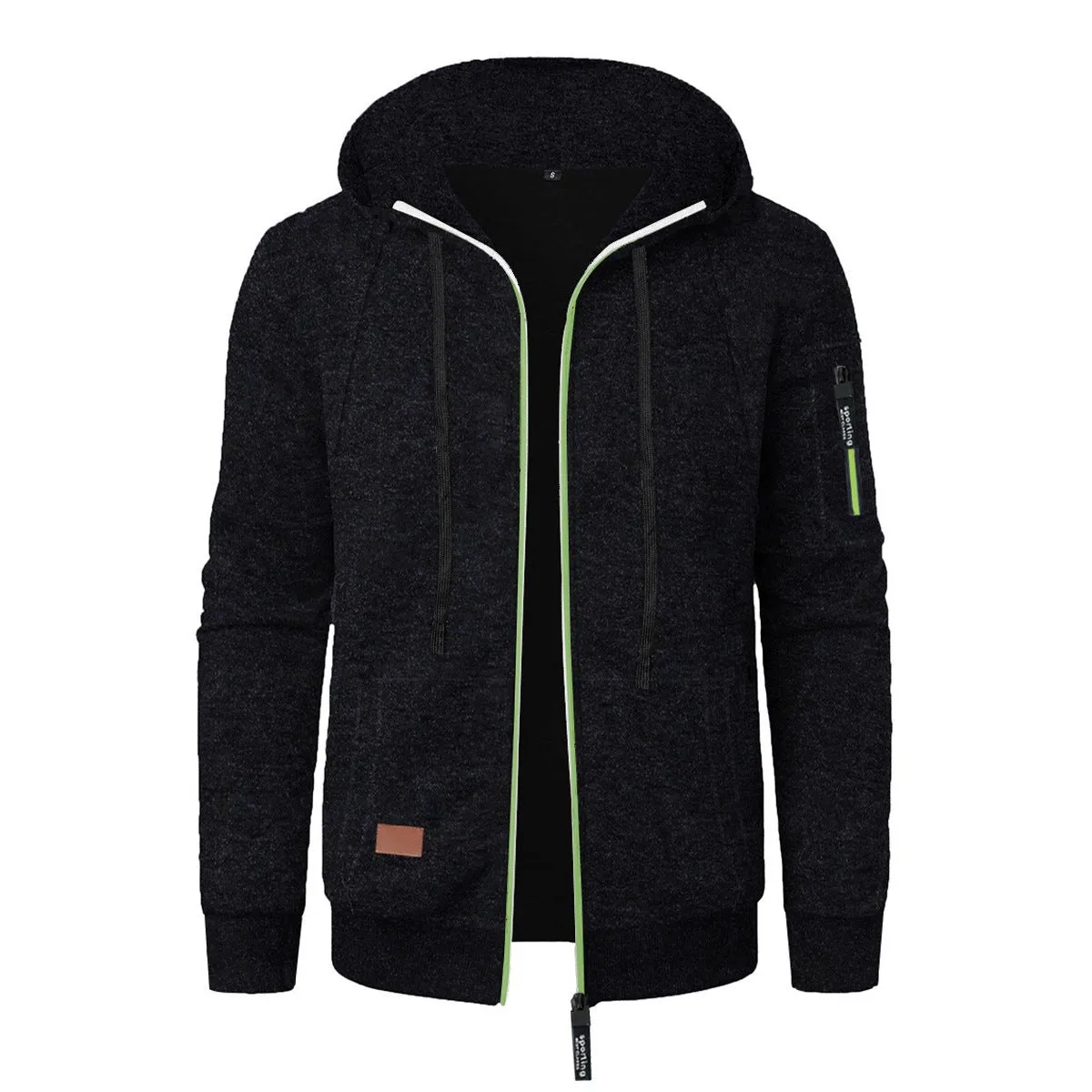 Men's loose fit jacquard hooded coat in black, polyester fibre, Korean style cardigan with long sleeves and hood