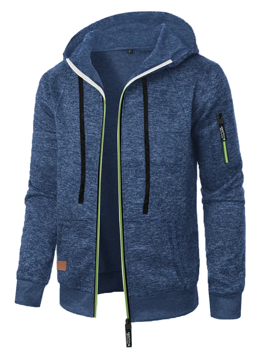Men's loose fit jacquard hooded coat in black, polyester fibre, Korean style cardigan with long sleeves and hood