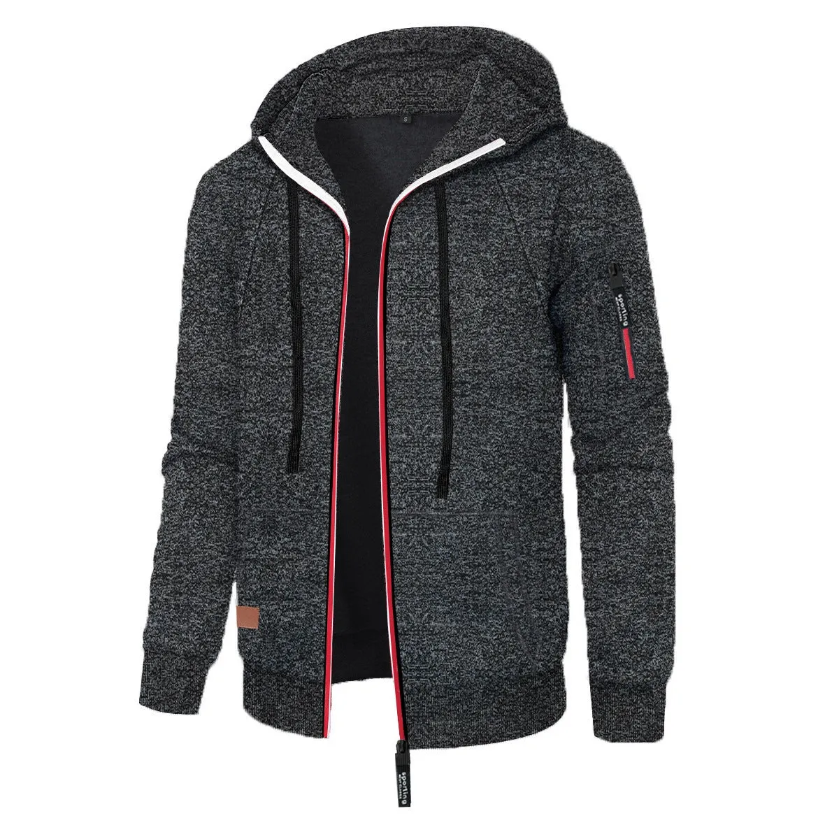 Men's loose fit jacquard hooded coat in black, polyester fibre, Korean style cardigan with long sleeves and hood