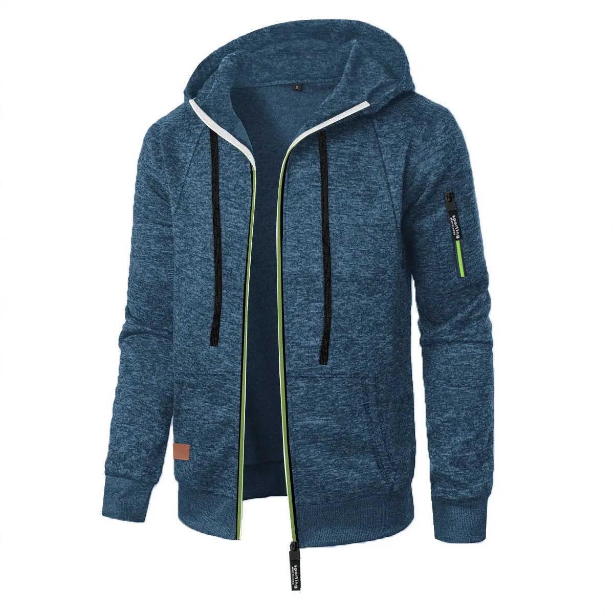 Men's loose fit jacquard hooded coat in black, polyester fibre, Korean style cardigan with long sleeves and hood