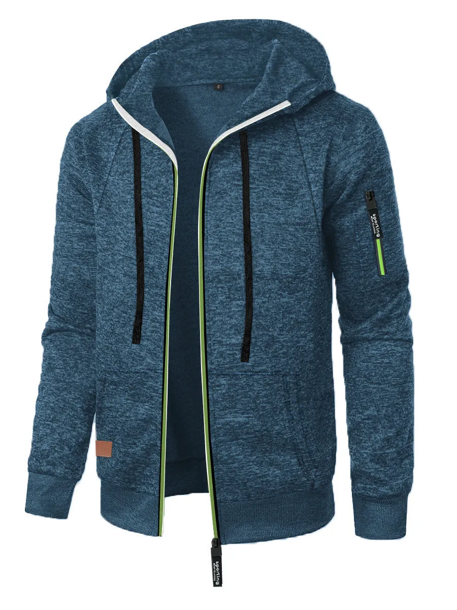 Men's loose fit jacquard hooded coat in black, polyester fibre, Korean style cardigan with long sleeves and hood