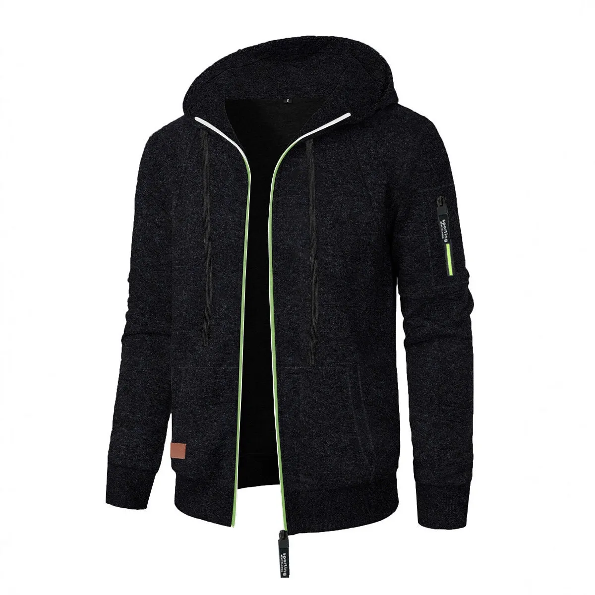 Men's loose fit jacquard hooded coat in black, polyester fibre, Korean style cardigan with long sleeves and hood