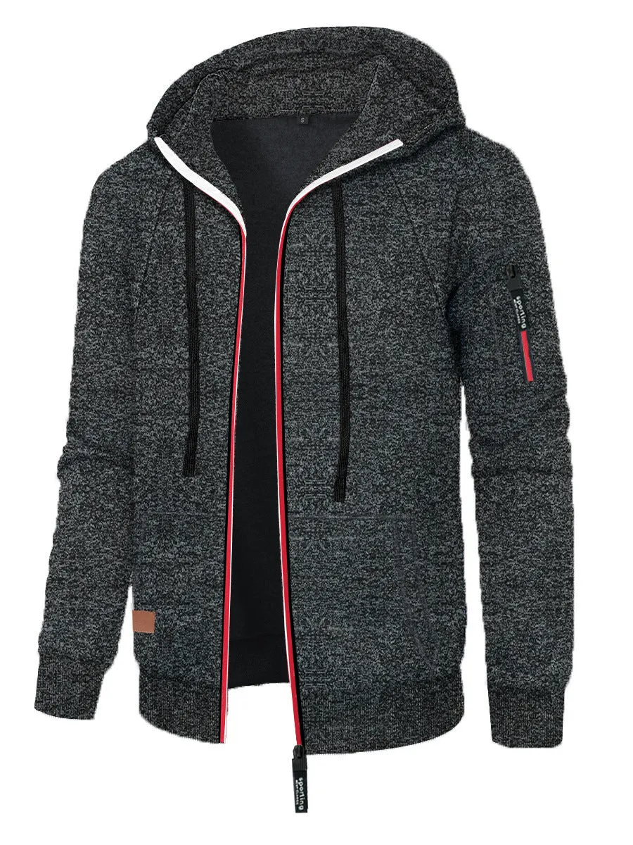 Men's loose fit jacquard hooded coat in black, polyester fibre, Korean style cardigan with long sleeves and hood