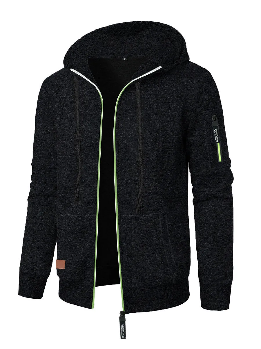Men's loose fit jacquard hooded coat in black, polyester fibre, Korean style cardigan with long sleeves and hood