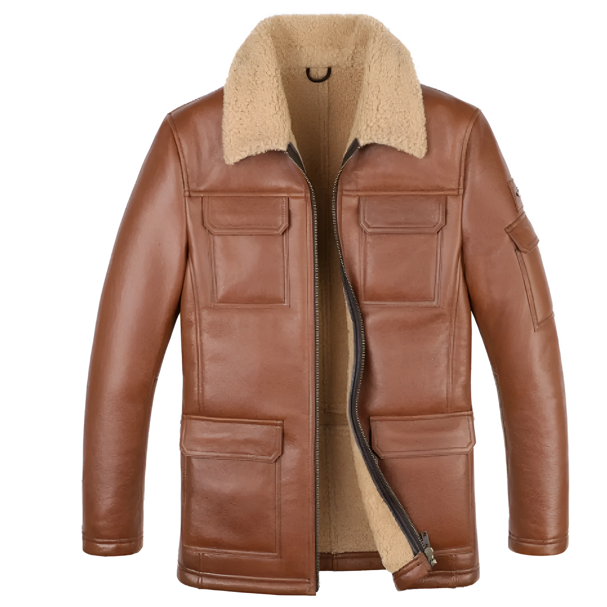 Sheepskin trench coat lapel jacket in champagne colour, slim fit, fur style, with multiple pockets