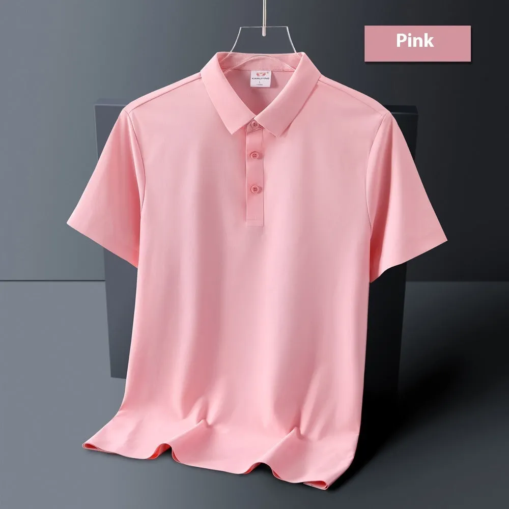 Men's ice silk seamless short sleeve polo shirt in solid colour, loose fit, nylon fabric, side view