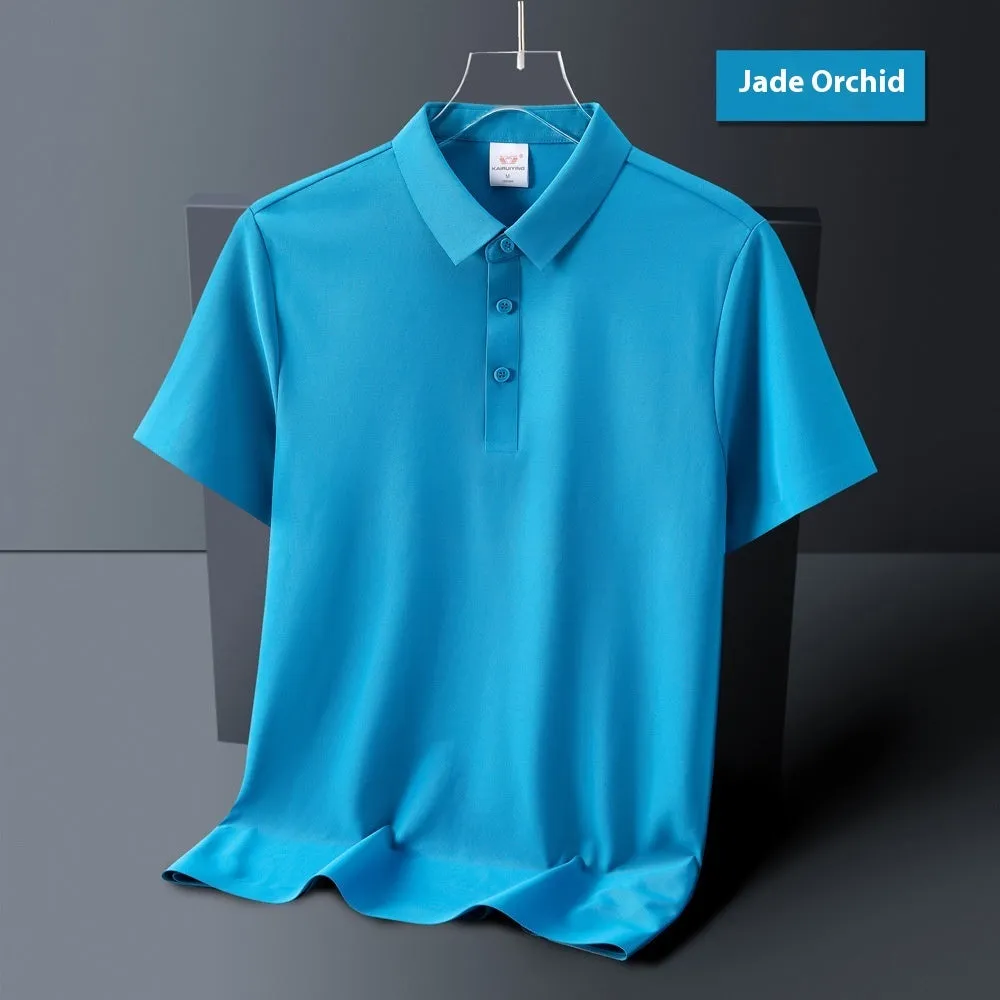 Men's ice silk seamless short sleeve polo shirt in solid colour, loose fit, nylon fabric, side view