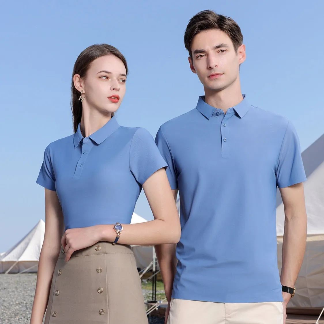 Men's ice silk seamless short sleeve polo shirt in solid colour, loose fit, nylon fabric, side view