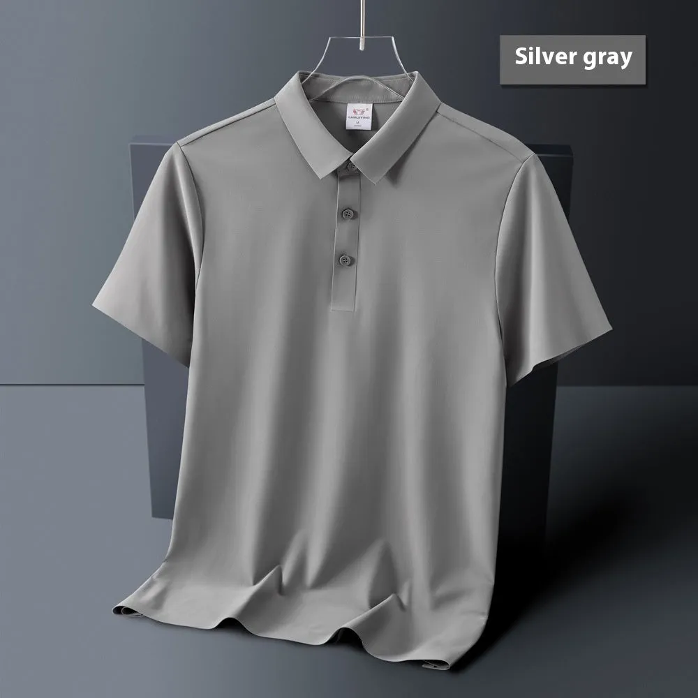 Men's ice silk seamless short sleeve polo shirt in solid colour, loose fit, nylon fabric, side view