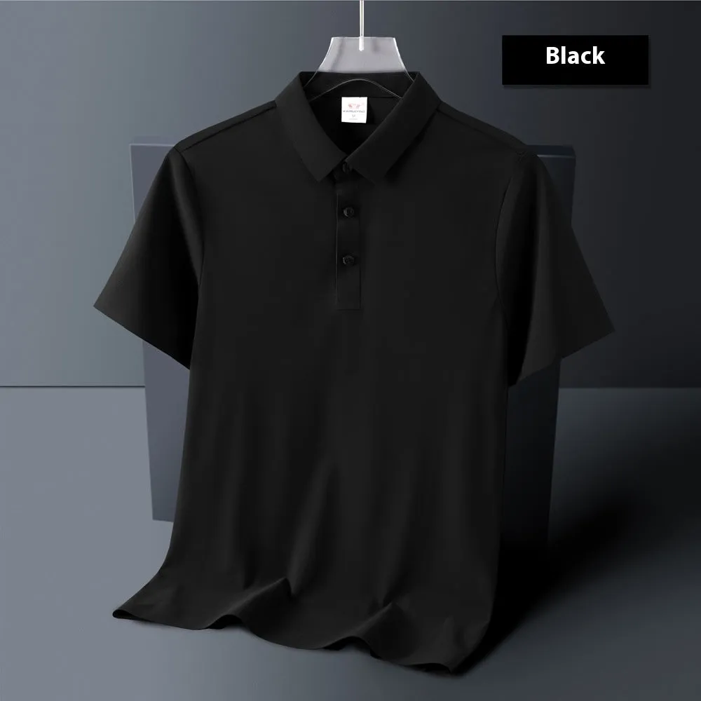 Men's ice silk seamless short sleeve polo shirt in solid colour, loose fit, nylon fabric, side view