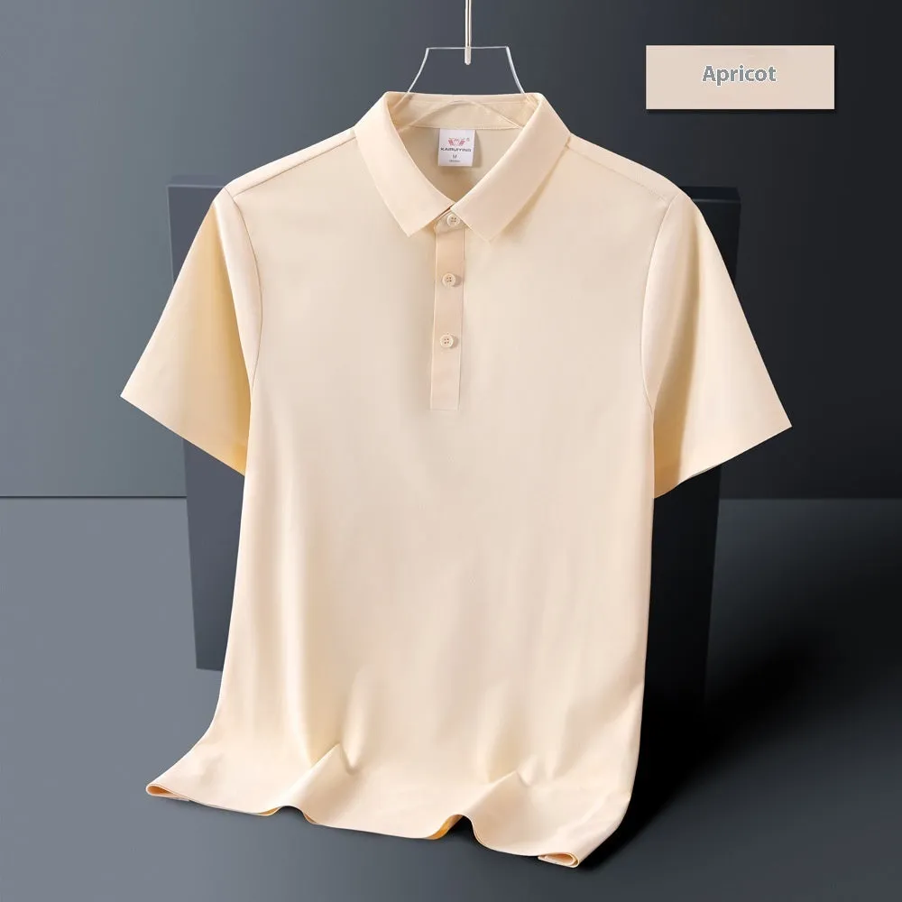 Men's ice silk seamless short sleeve polo shirt in solid colour, loose fit, nylon fabric, side view
