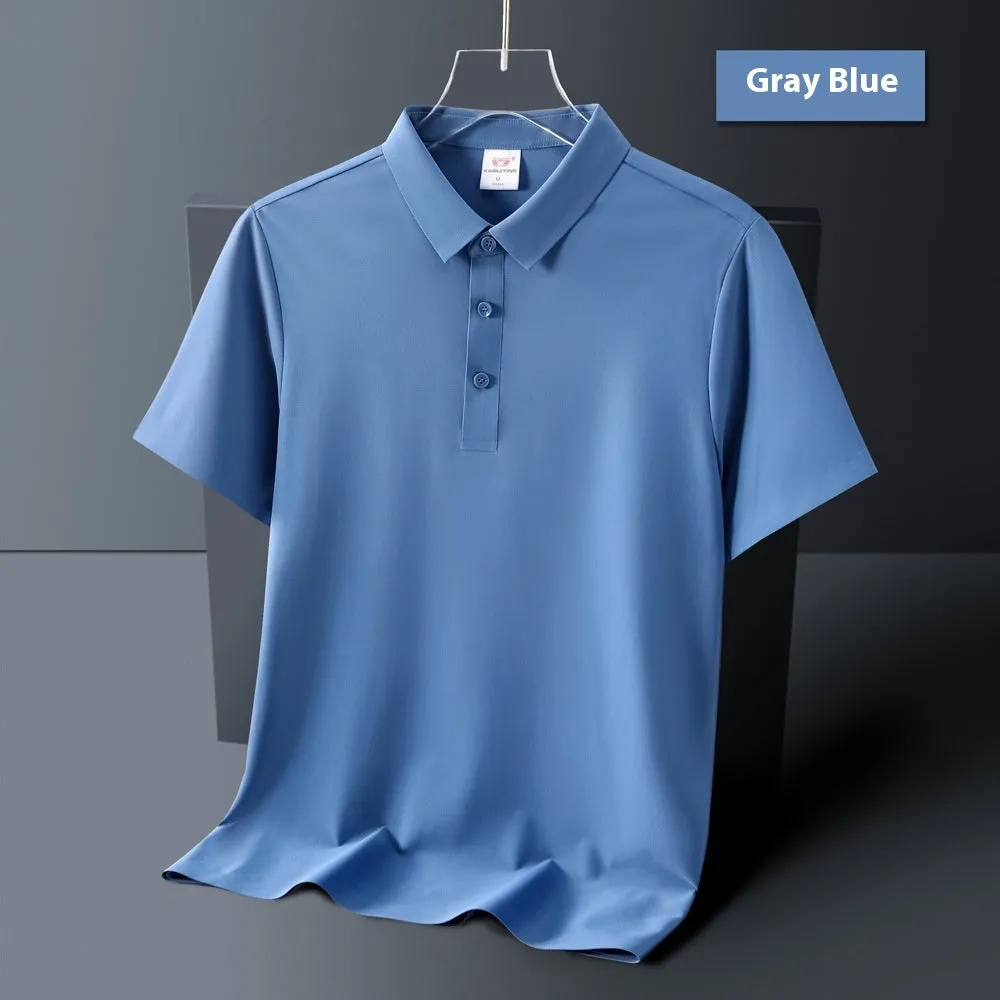 Men's ice silk seamless short sleeve polo shirt in solid colour, loose fit, nylon fabric, side view