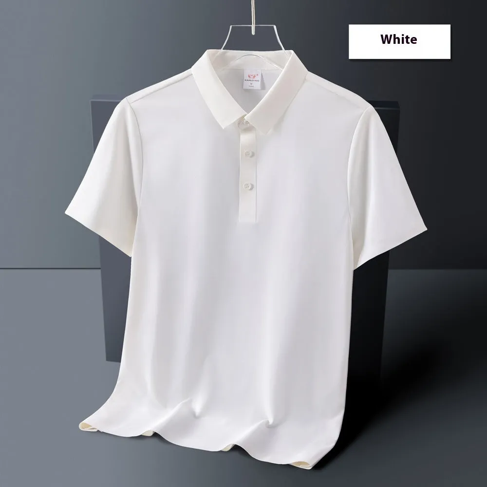 Men's ice silk seamless short sleeve polo shirt in solid colour, loose fit, nylon fabric, side view