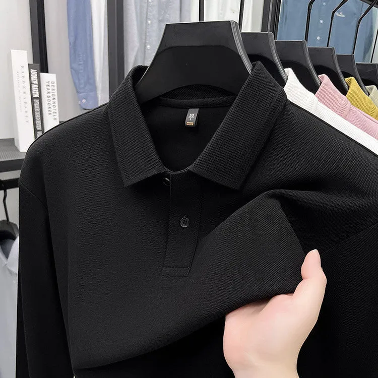 Mercerized cotton long-sleeved polo shirt for men, loose fit, striped asymmetric design, in Black colour