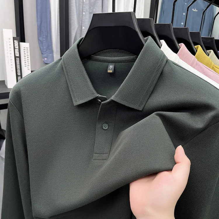 Mercerized cotton long-sleeved polo shirt for men, loose fit, striped asymmetric design, in Black colour