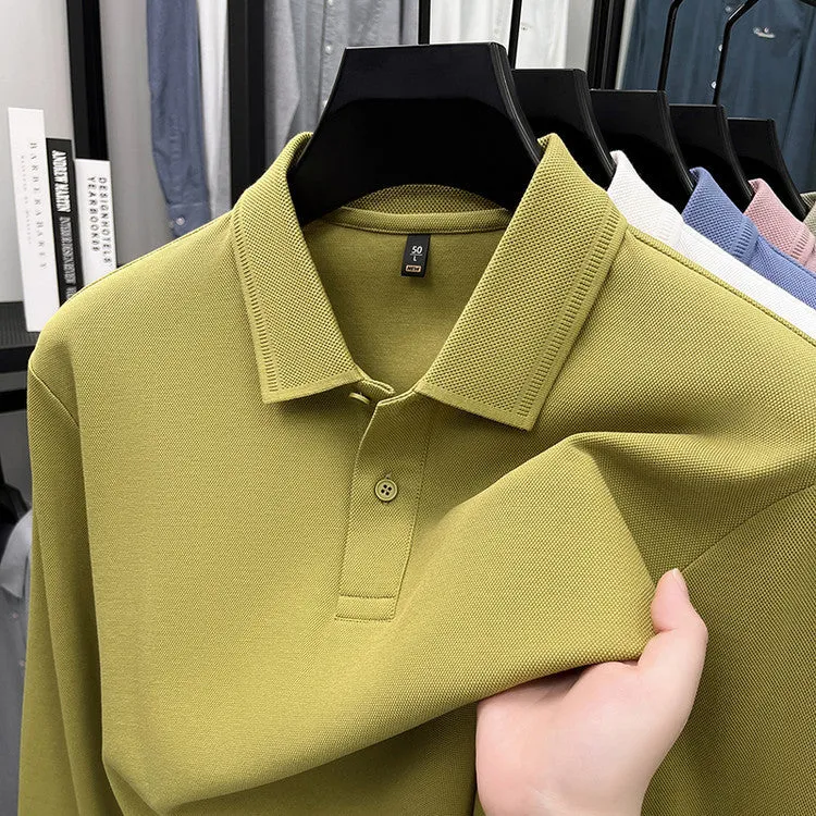 Mercerized cotton long-sleeved polo shirt for men, loose fit, striped asymmetric design, in Black colour
