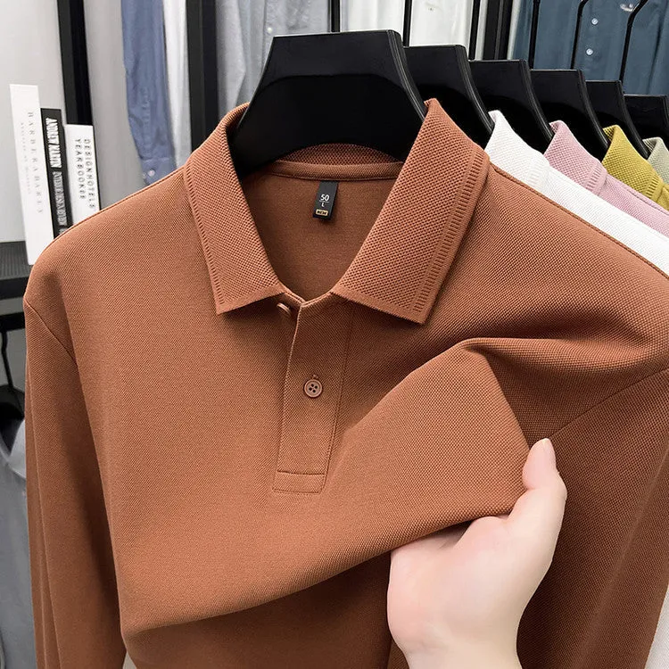 Mercerized cotton long-sleeved polo shirt for men, loose fit, striped asymmetric design, in Black colour