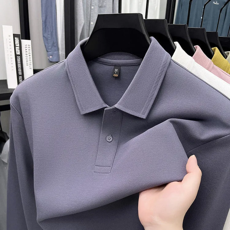 Mercerized cotton long-sleeved polo shirt for men, loose fit, striped asymmetric design, in Black colour