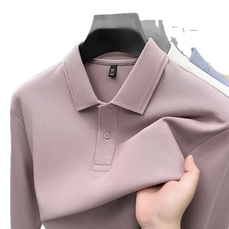 Mercerized cotton long-sleeved polo shirt for men, loose fit, striped asymmetric design, in Black colour