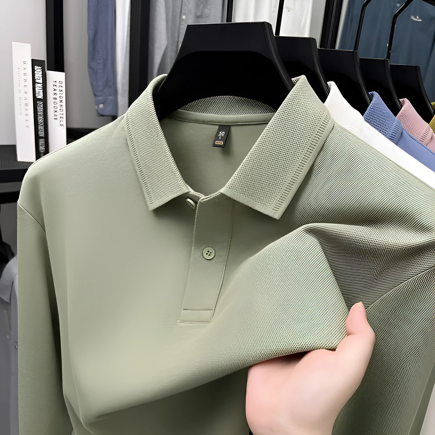 Mercerized cotton long-sleeved polo shirt for men, loose fit, striped asymmetric design, in Black colour