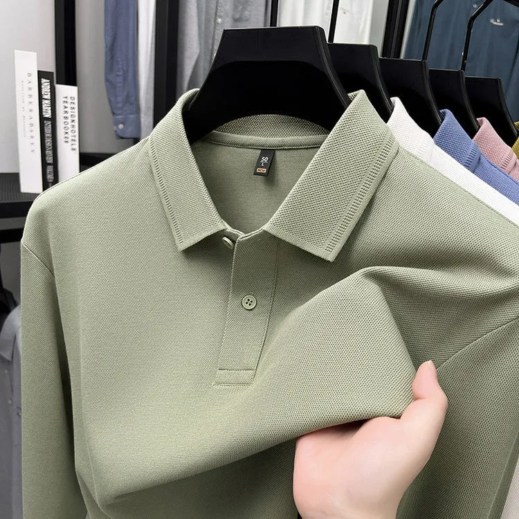 Mercerized cotton long-sleeved polo shirt for men, loose fit, striped asymmetric design, in Black colour