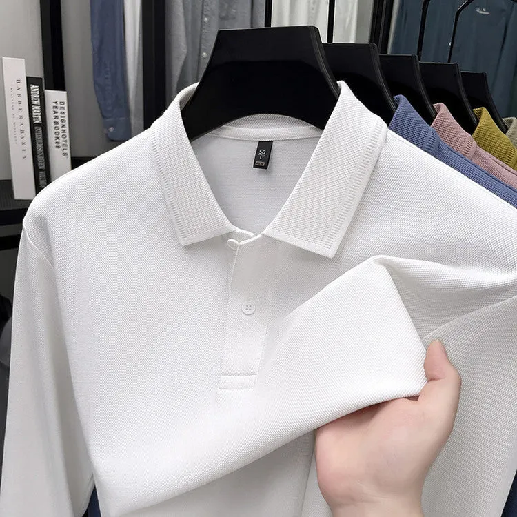 Mercerized cotton long-sleeved polo shirt for men, loose fit, striped asymmetric design, in Black colour
