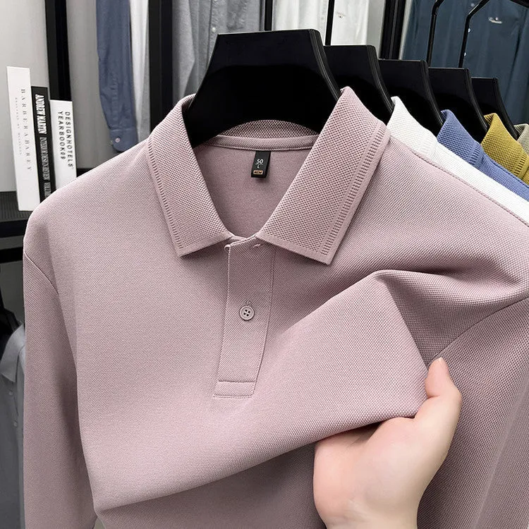 Mercerized cotton long-sleeved polo shirt for men, loose fit, striped asymmetric design, in Black colour