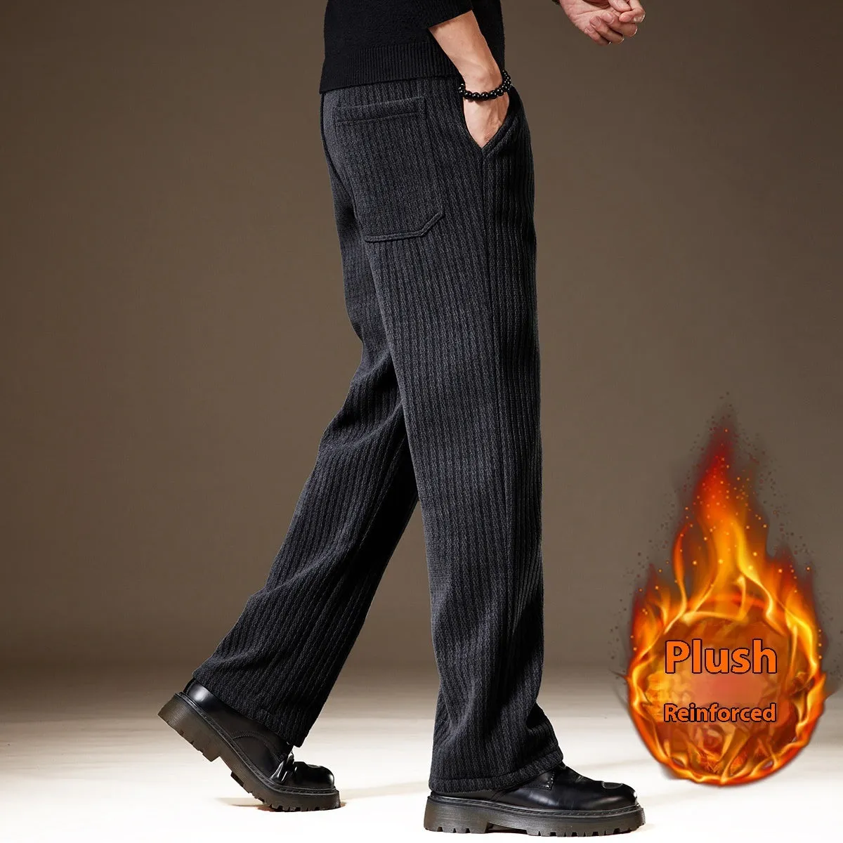 Thick stripe velvet heavy corduroy straight casual pants for men, khaki colour, polyester fibre fabric