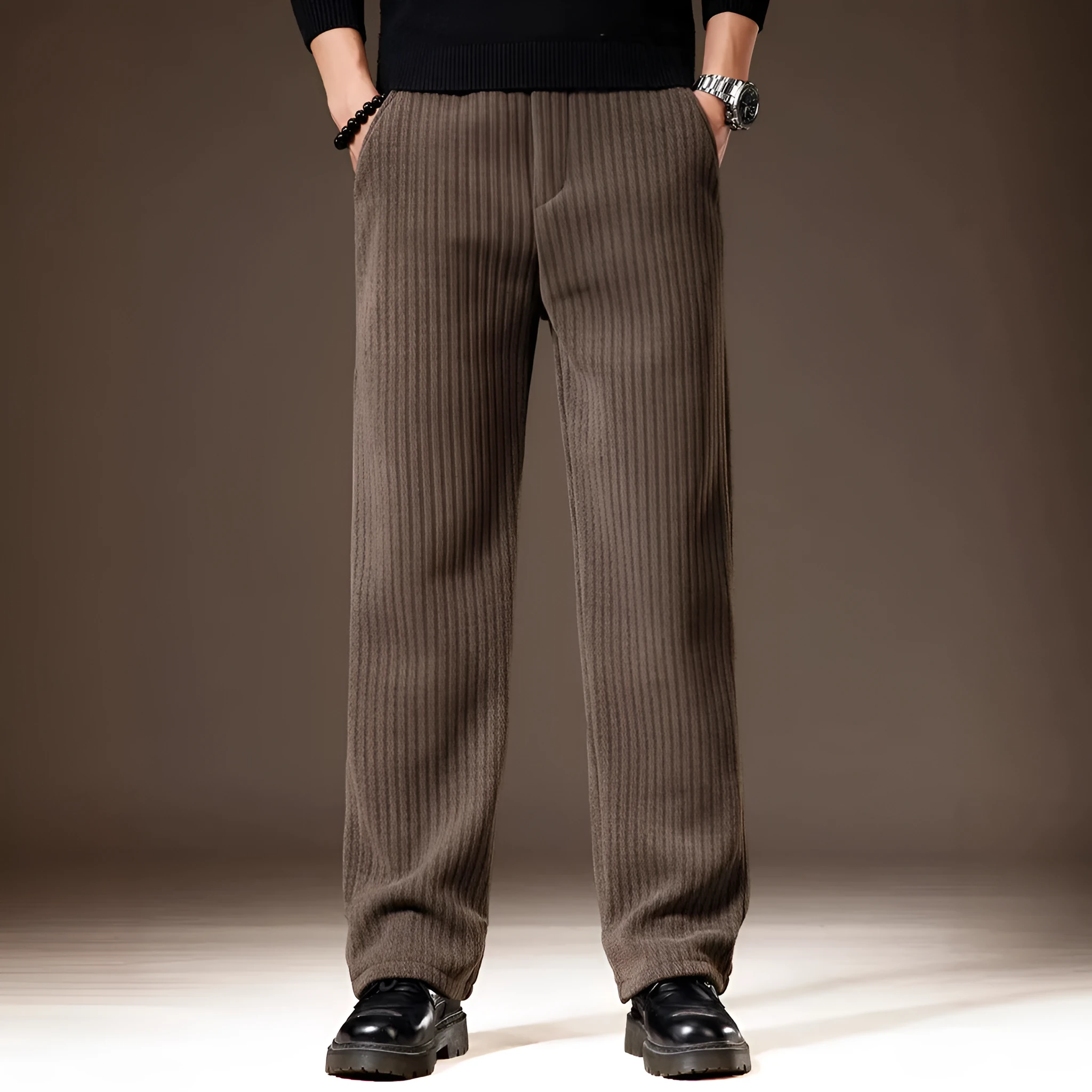 Thick stripe velvet heavy corduroy straight casual pants for men, khaki colour, polyester fibre fabric