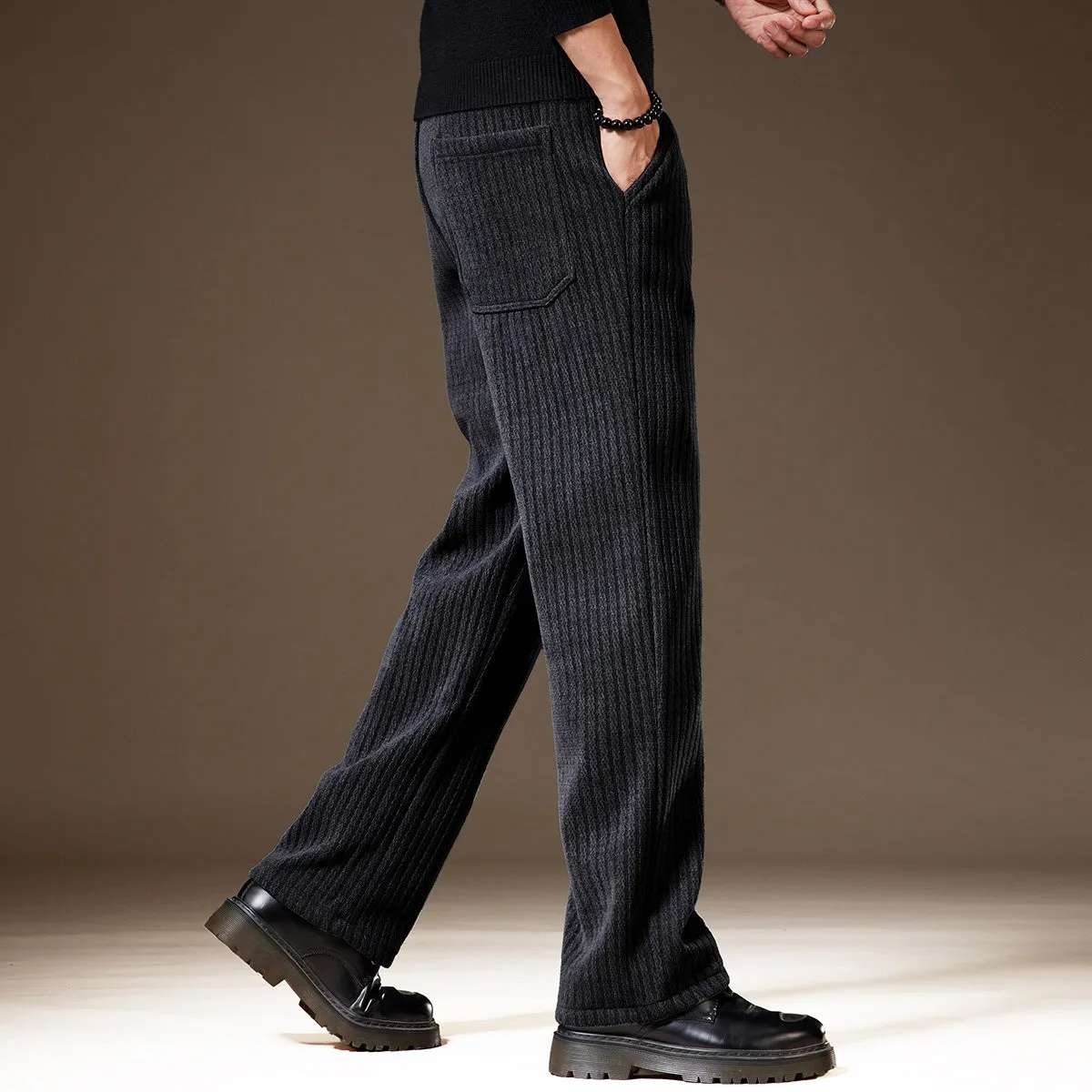 Thick stripe velvet heavy corduroy straight casual pants for men, khaki colour, polyester fibre fabric