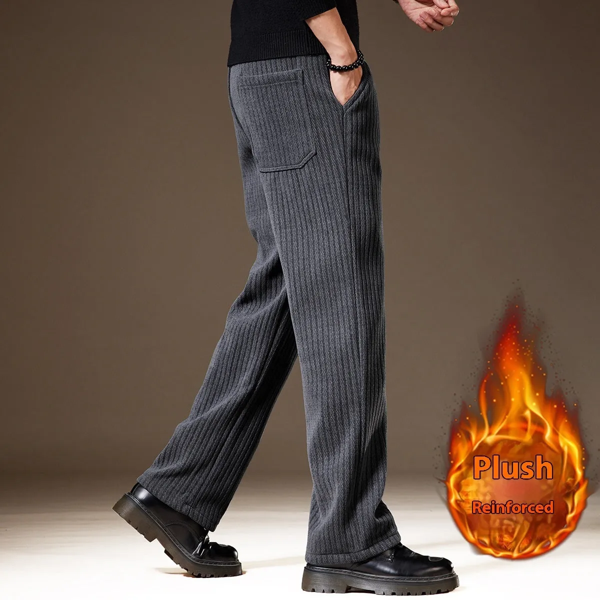Thick stripe velvet heavy corduroy straight casual pants for men, khaki colour, polyester fibre fabric