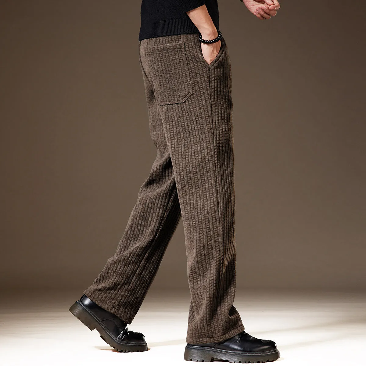 Thick stripe velvet heavy corduroy straight casual pants for men, khaki colour, polyester fibre fabric