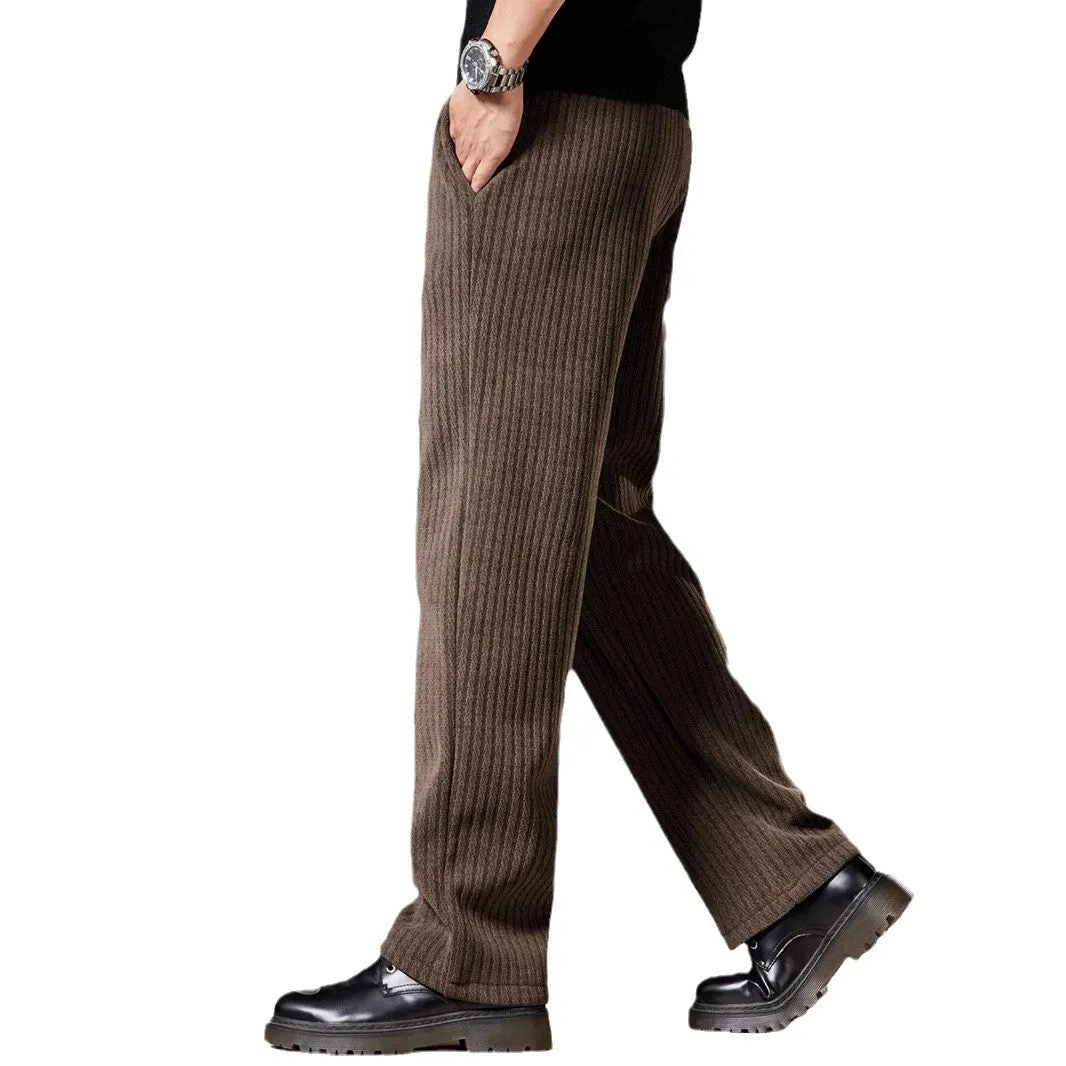 Thick stripe velvet heavy corduroy straight casual pants for men, khaki colour, polyester fibre fabric