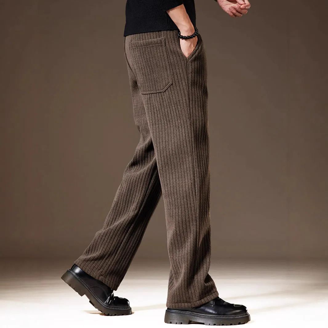 Thick stripe velvet heavy corduroy straight casual pants for men, khaki colour, polyester fibre fabric