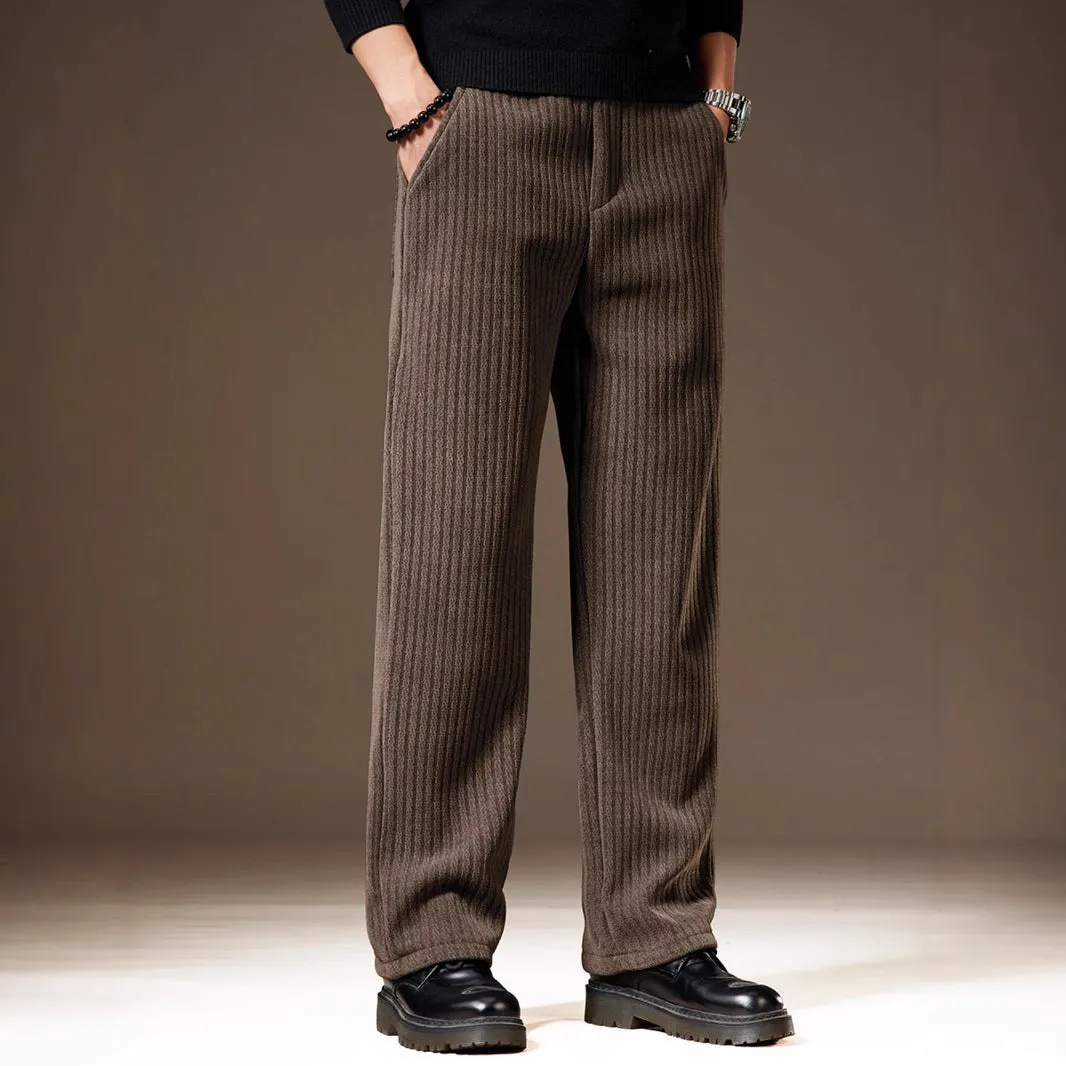 Thick stripe velvet heavy corduroy straight casual pants for men, khaki colour, polyester fibre fabric