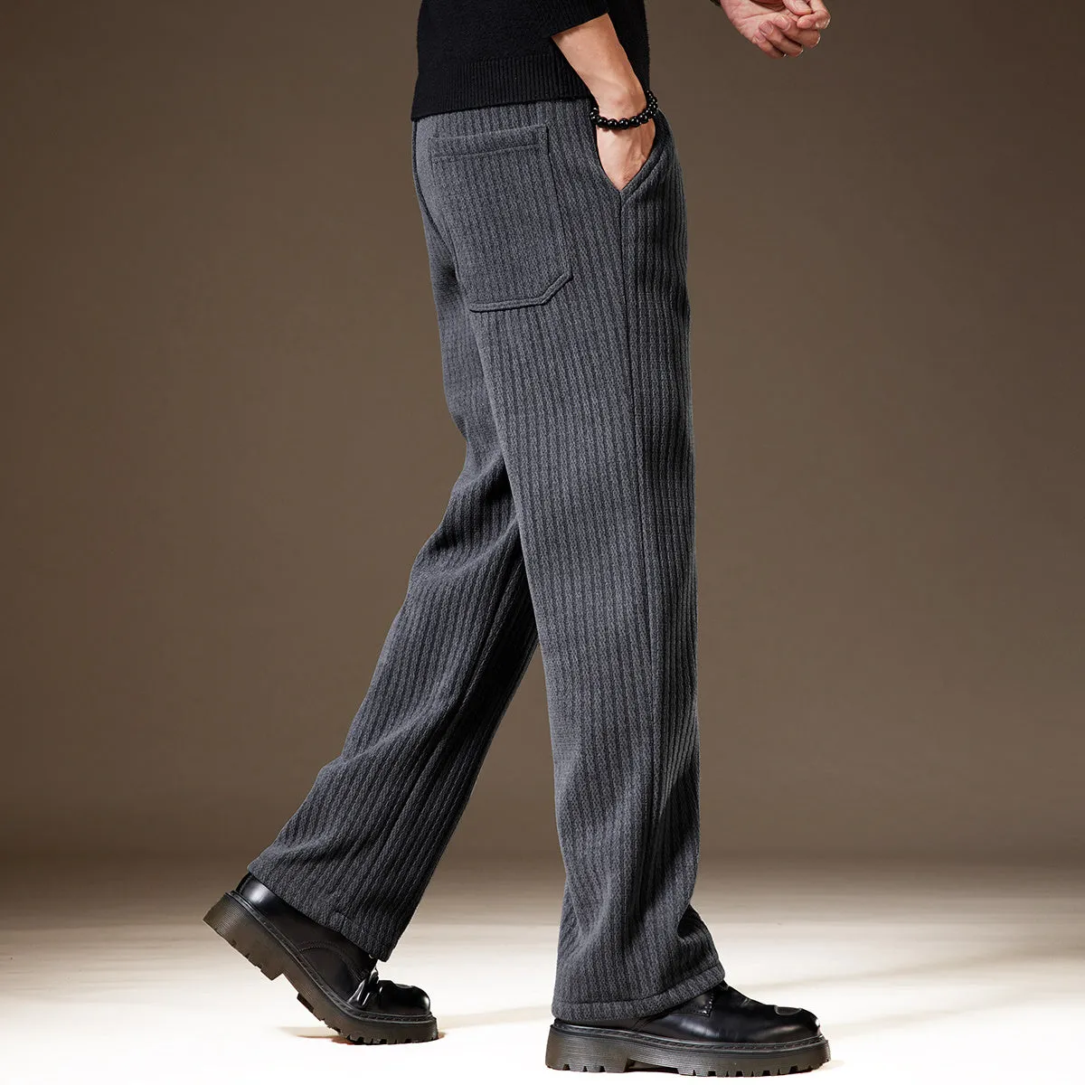 Thick stripe velvet heavy corduroy straight casual pants for men, khaki colour, polyester fibre fabric