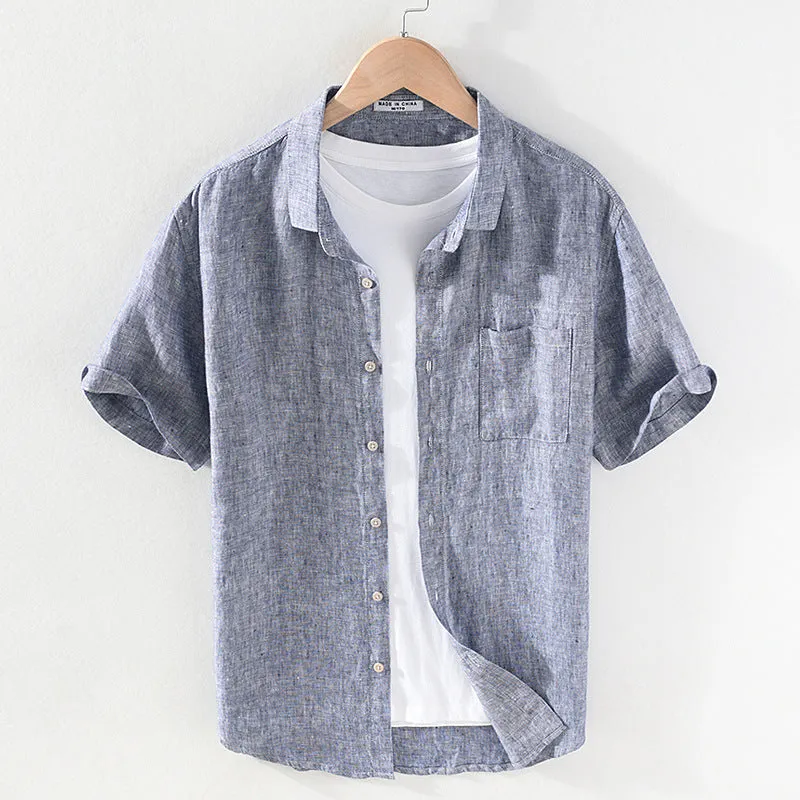 Men's linen short sleeve shirt with square collar in raw jute or grey colour options