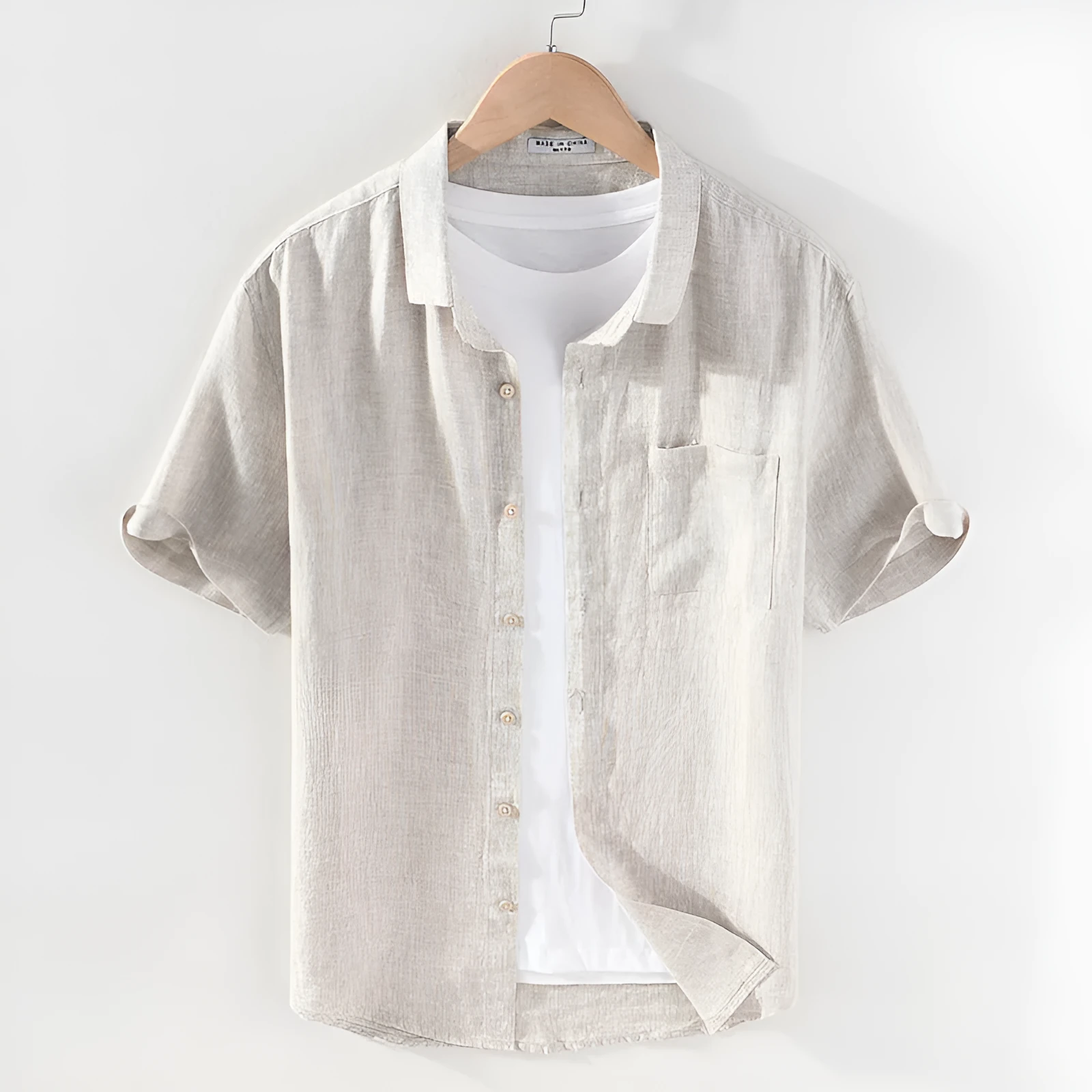 Men's linen short sleeve shirt with square collar in raw jute or grey colour options