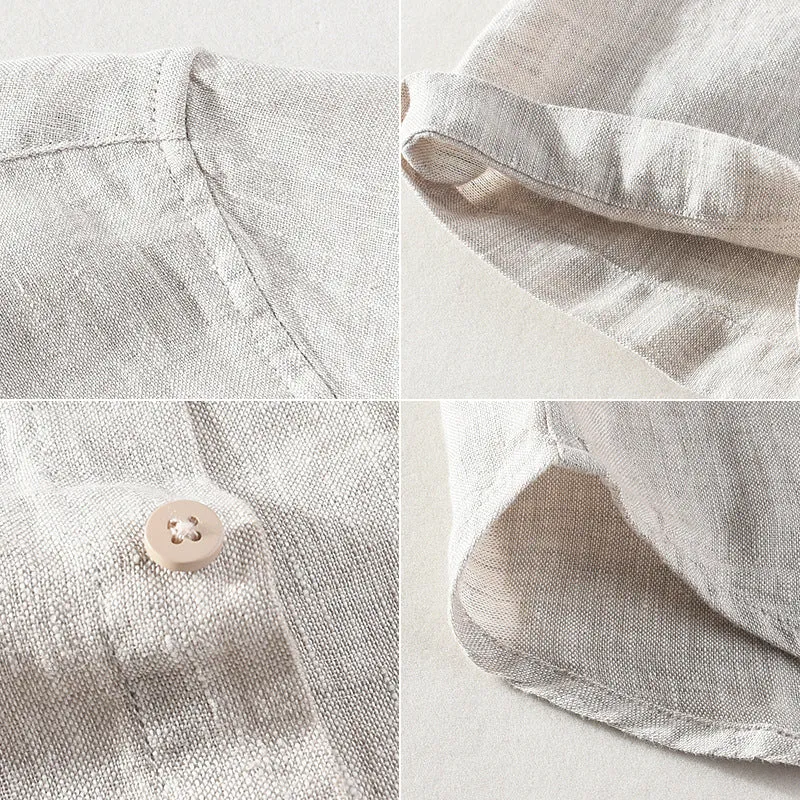 Men's linen short sleeve shirt with square collar in raw jute or grey colour options