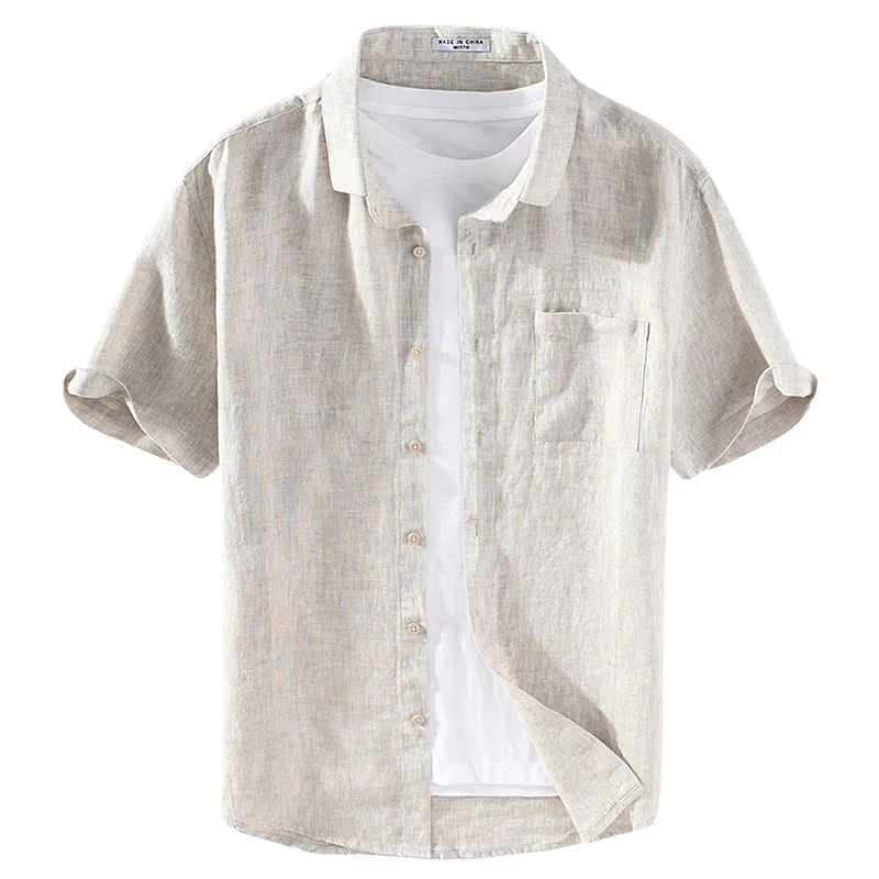 Men's linen short sleeve shirt with square collar in raw jute or grey colour options