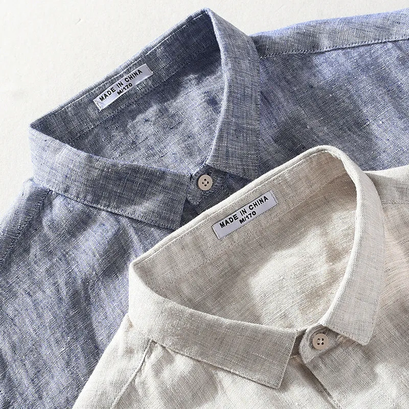 Men's linen short sleeve shirt with square collar in raw jute or grey colour options