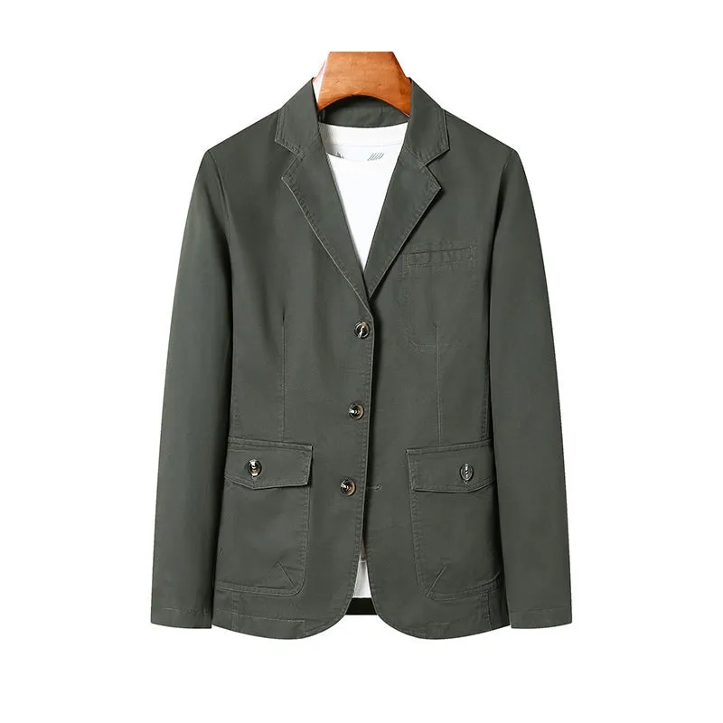 Men's casual loose washed cotton business coat in army green, solid colour straight cut with top stitching pockets