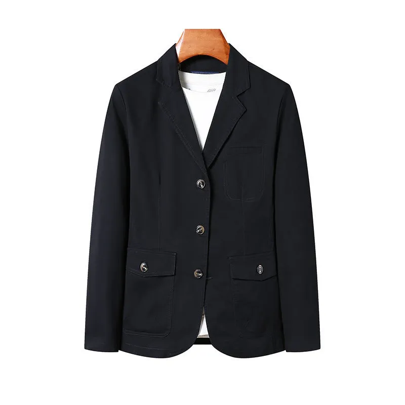 Men's casual loose washed cotton business coat in army green, solid colour straight cut with top stitching pockets