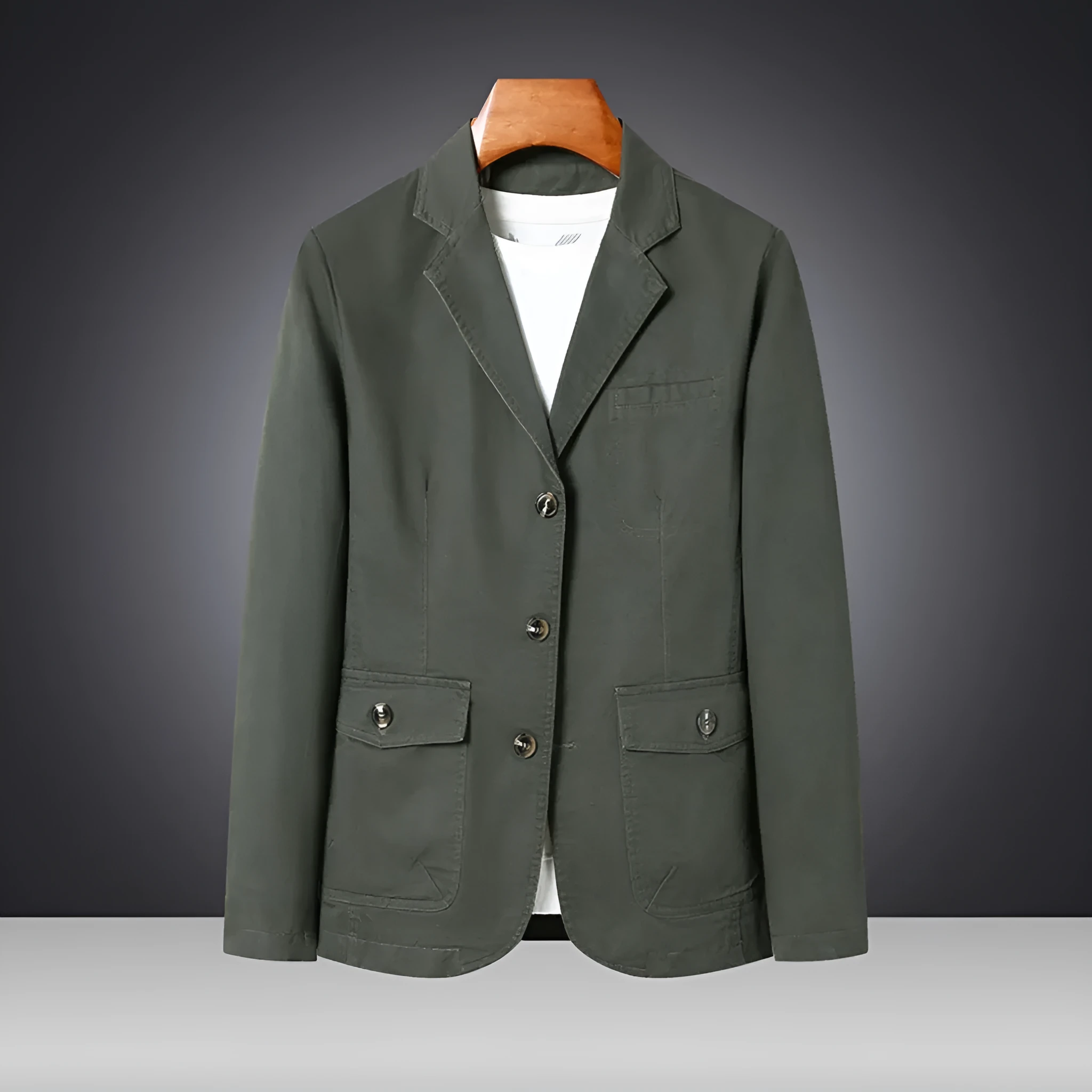 Men's casual loose washed cotton business coat in army green, solid colour straight cut with top stitching pockets
