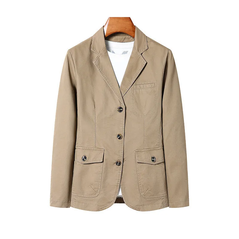 Men's casual loose washed cotton business coat in army green, solid colour straight cut with top stitching pockets