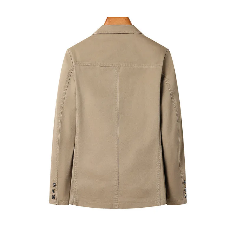 Men's casual loose washed cotton business coat in army green, solid colour straight cut with top stitching pockets