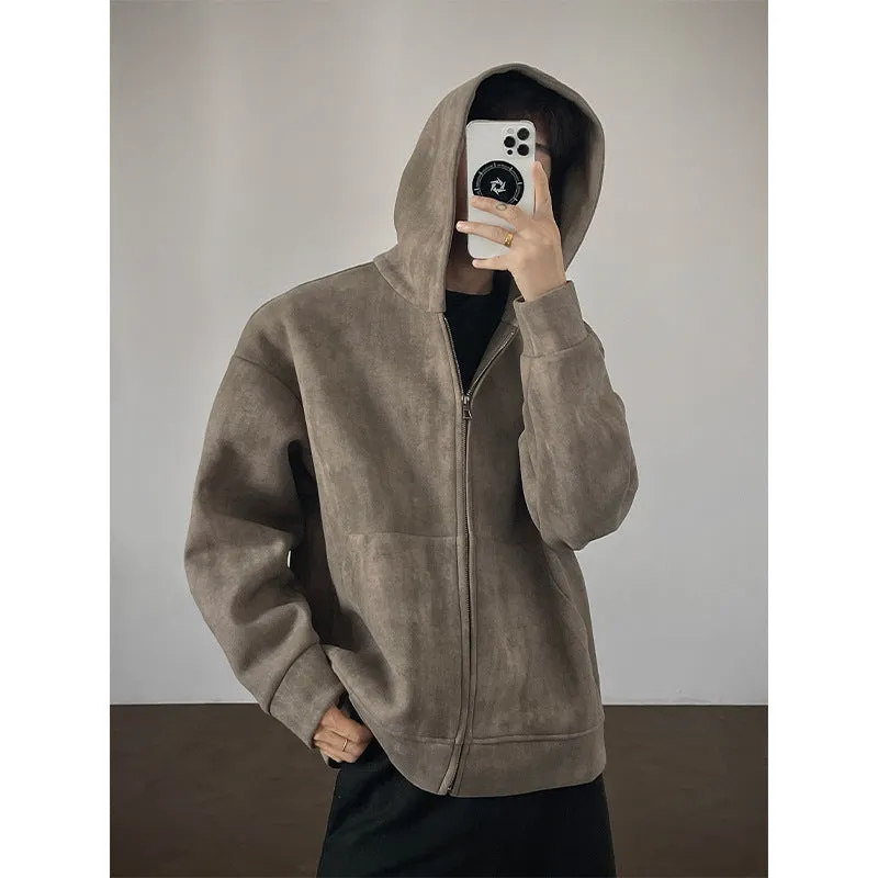 Men's plus size loose fit hooded tie-dyed cardigan coat in black, side pockets